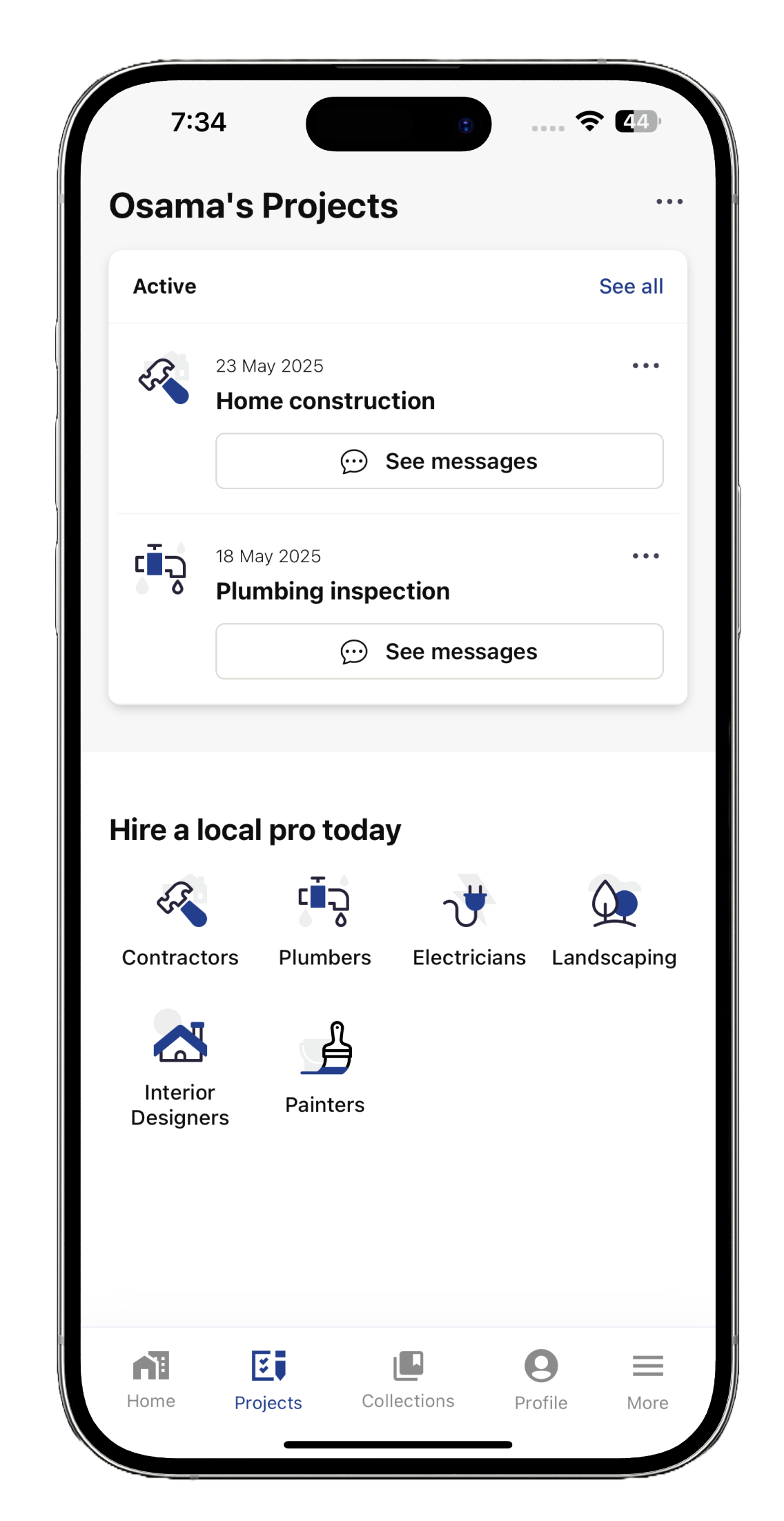 Phone with Premier Builders app open