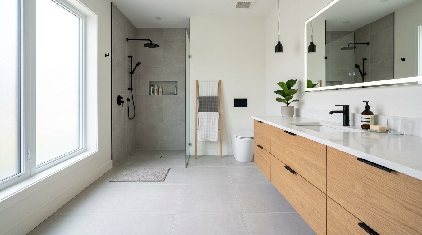 Modern bathroom with vanity Modern bathroom with semi-custom vanity