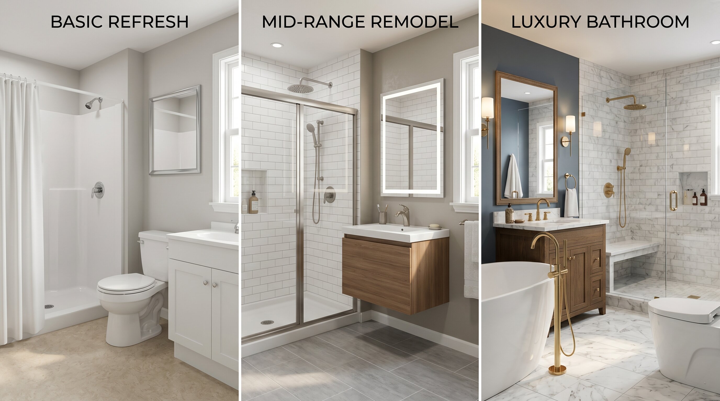 Bathroom remodelling comparison Basic vs Mid range vs Luxury bathroom remodel