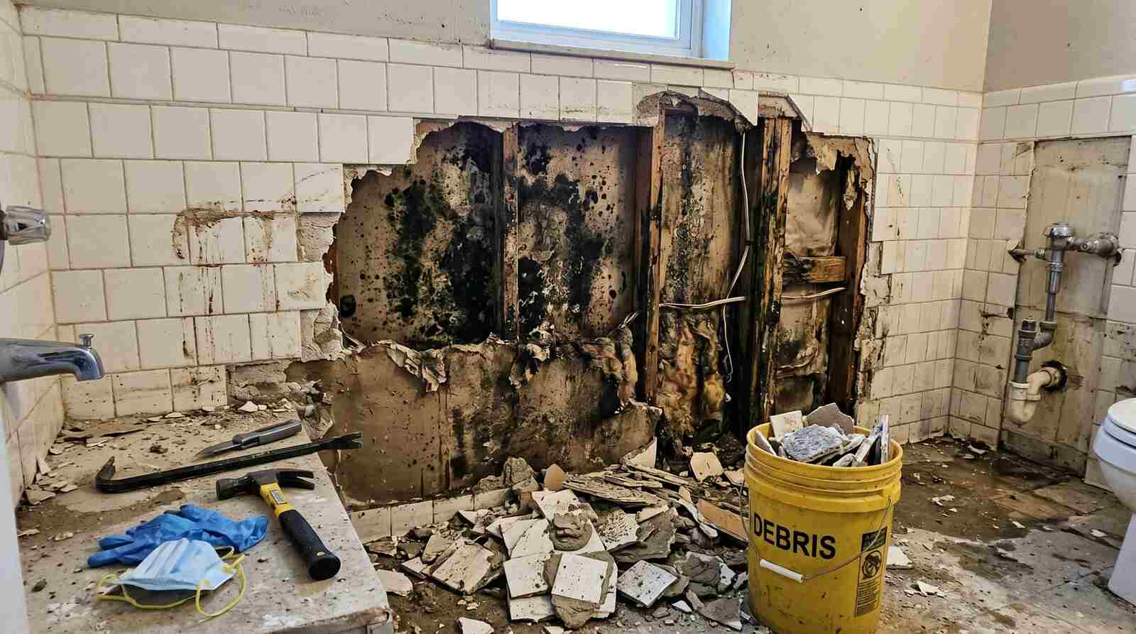 Bathroom wall water damage mold